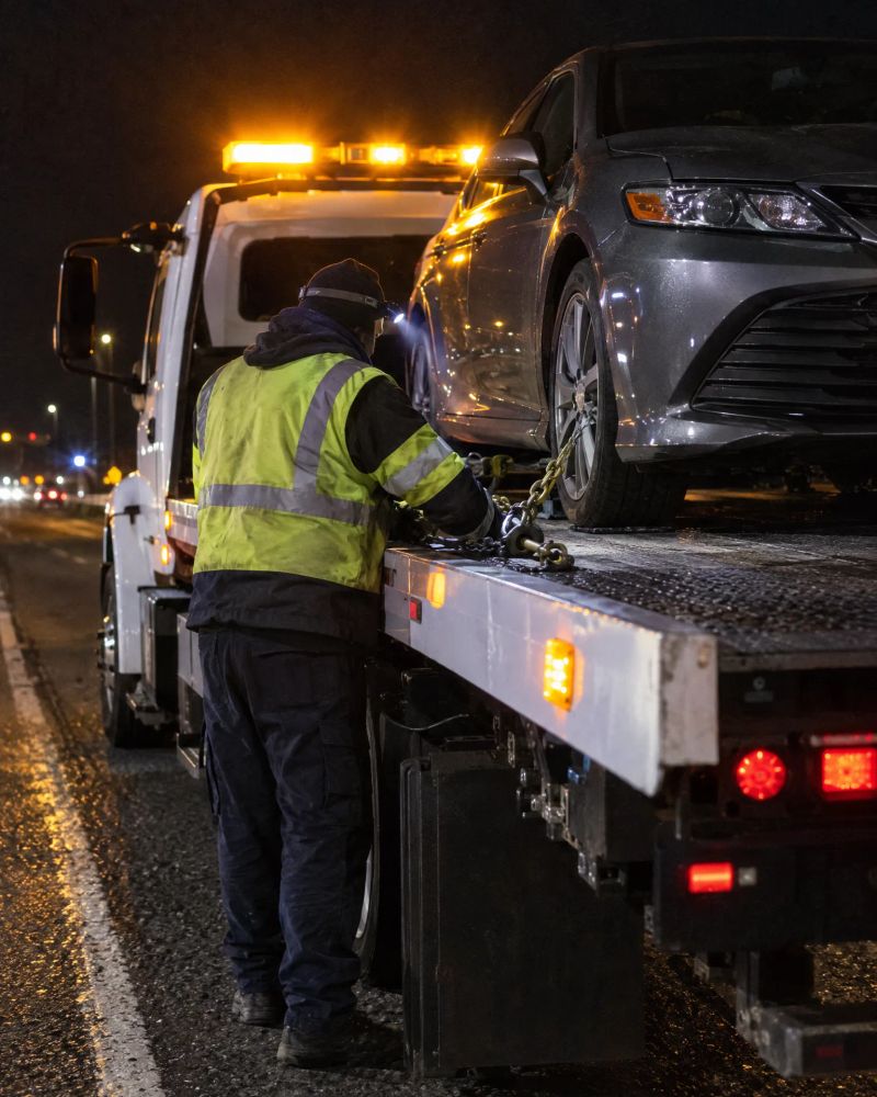 Roadside recovery truck positioned beside a disabled vehicle